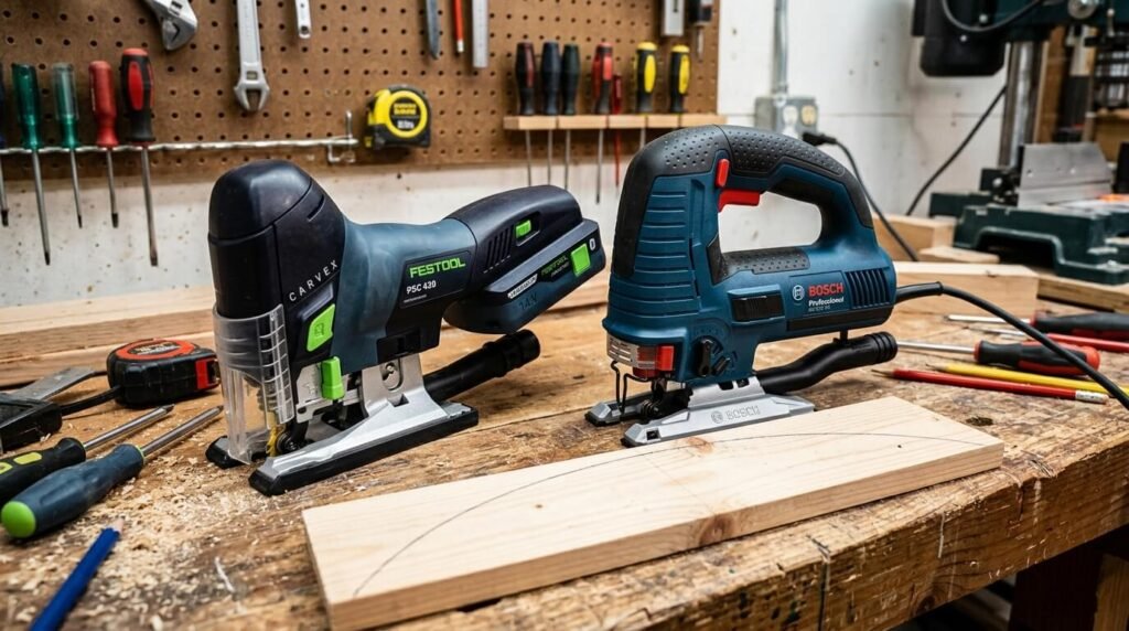 Scie sauteuse Festool Carvex posée à côté d'une Bosch Professional bleue sur un établi d'atelier.