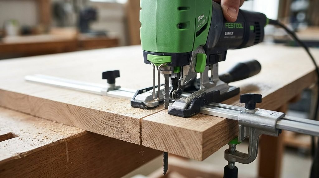 Coupe de précision dans un panneau de bois massif avec guidage de lame renforcé.