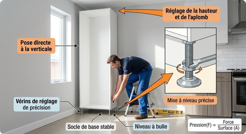 Poser un meuble colonne jusqu'au plafond : la bonne méthode 4 Pose d'un meuble colonne haut monté directement à la verticale avec vérins de réglage.