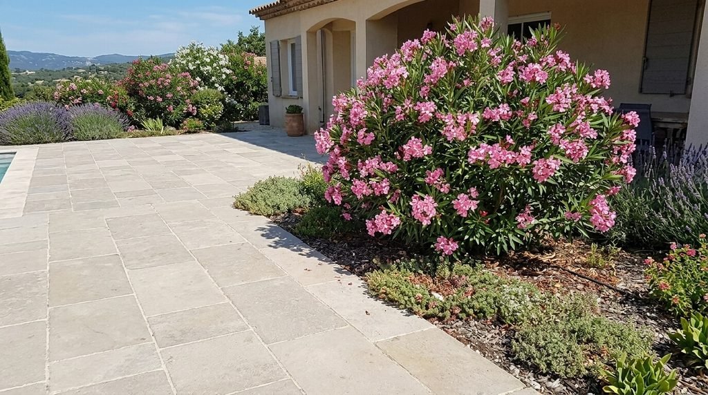 Racines du laurier rose : profondeur, danger et distance de plantation 4 Laurier-rose fleuri planté en bordure de terrasse à bonne distance des dalles.