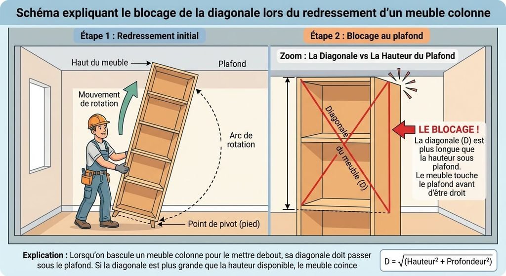 Poser un meuble colonne jusqu'au plafond : la bonne méthode 3 Schéma montrant le blocage de la diagonale d'un meuble colonne lors du redressement contre le plafond.