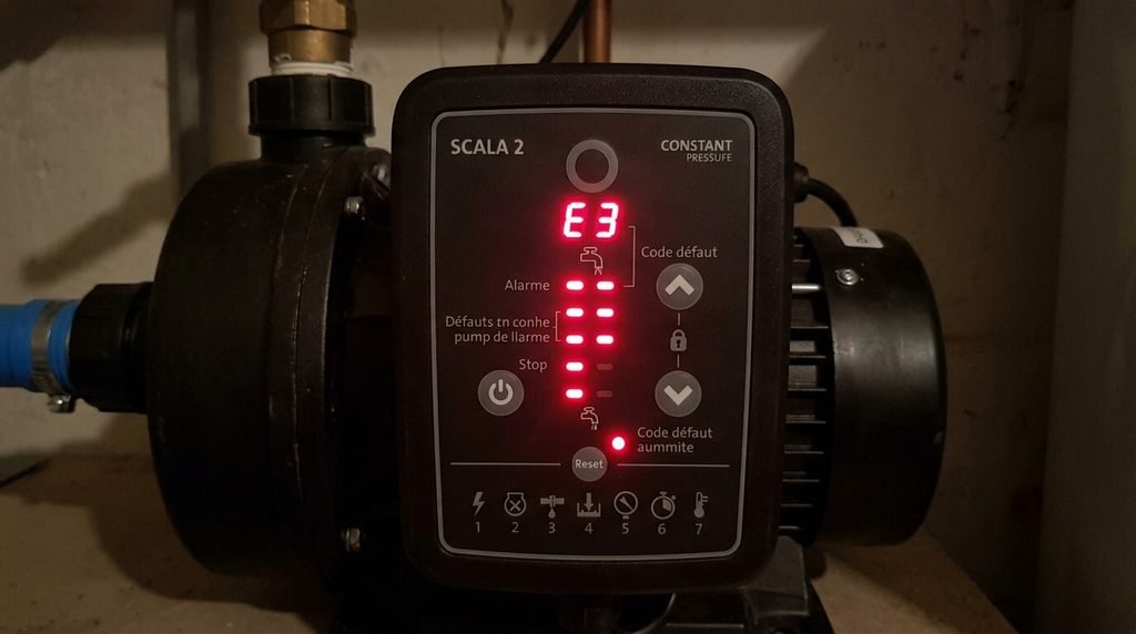 Grundfos Scala 2 : quels sont les problèmes les plus fréquents ? 4 Voyants LED d'alarme et code défaut sur l'interface de contrôle Grundfos Scala 2.