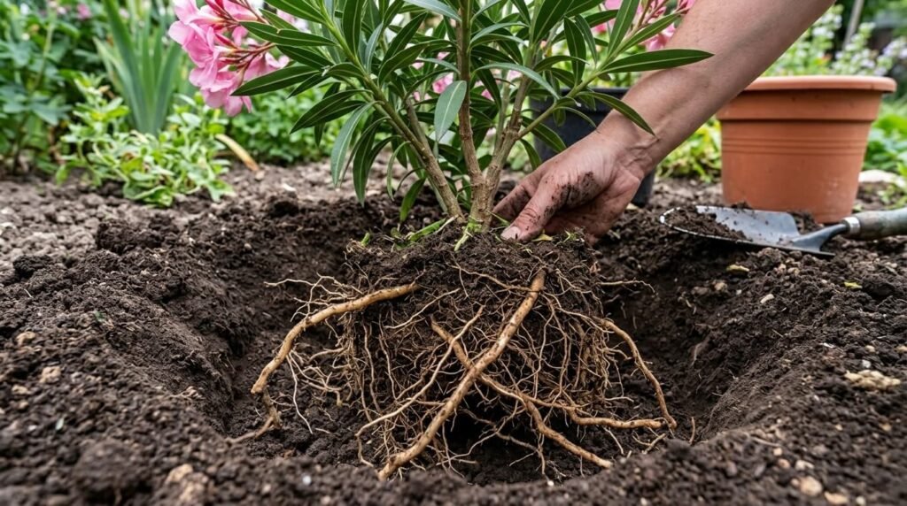 Vue des racines étalées d'un laurier-rose lors de sa plantation en pleine terre.